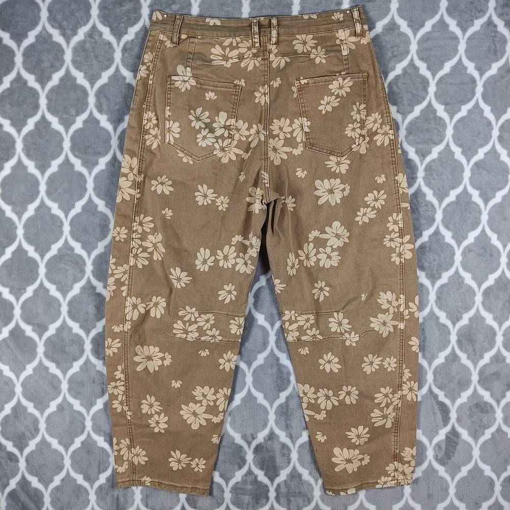 Barrel Leg Jeans Women Size XL Brown Cream Flower Print Western Boho Pants